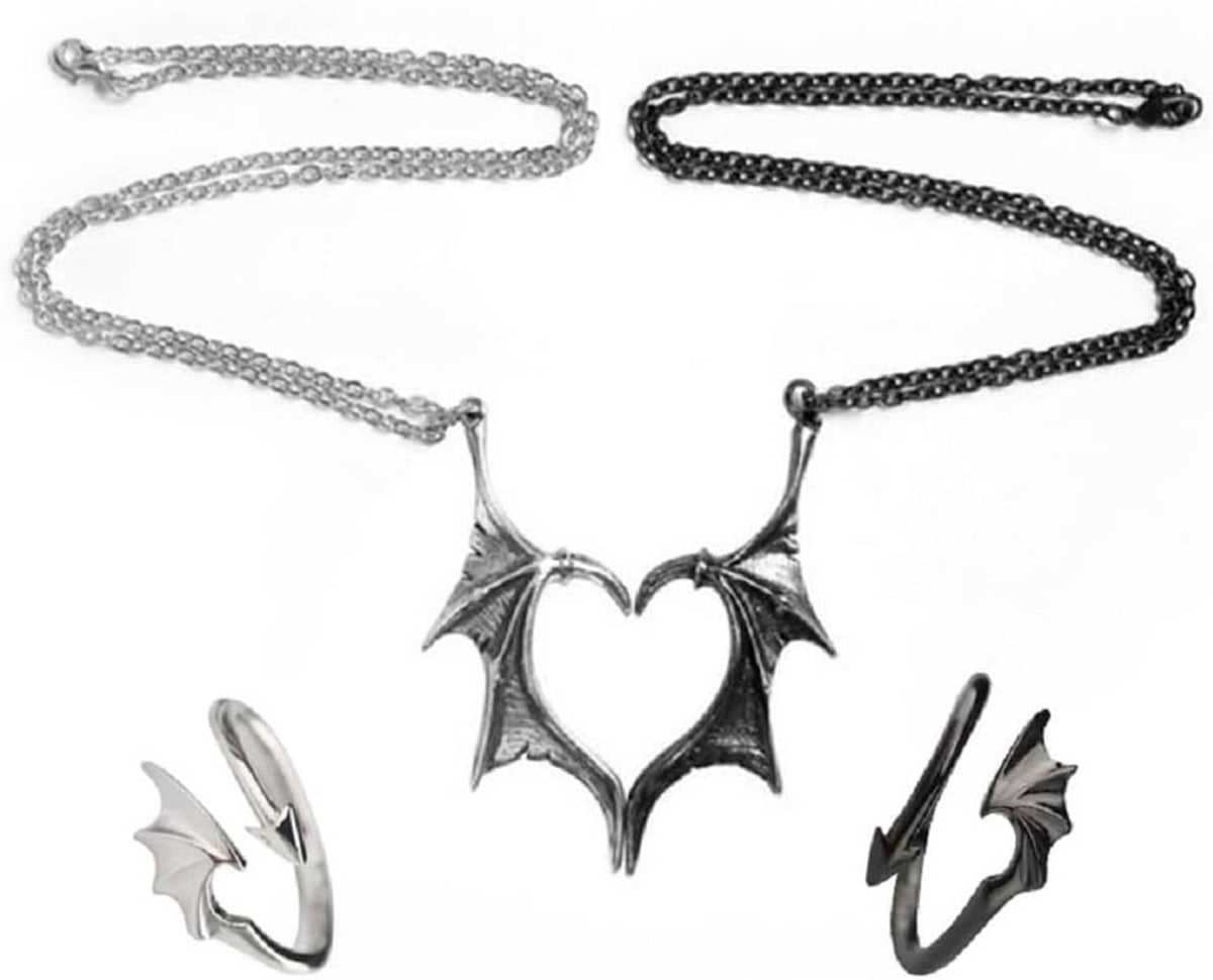 Silver and black chain necklaces with bat-wing heart pendant; lightning and hand charms