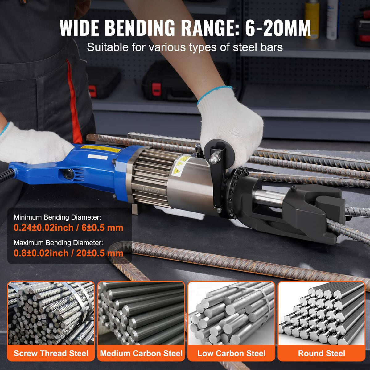 Blue hydraulic electric rebar bender bending rebar bar on steel stock