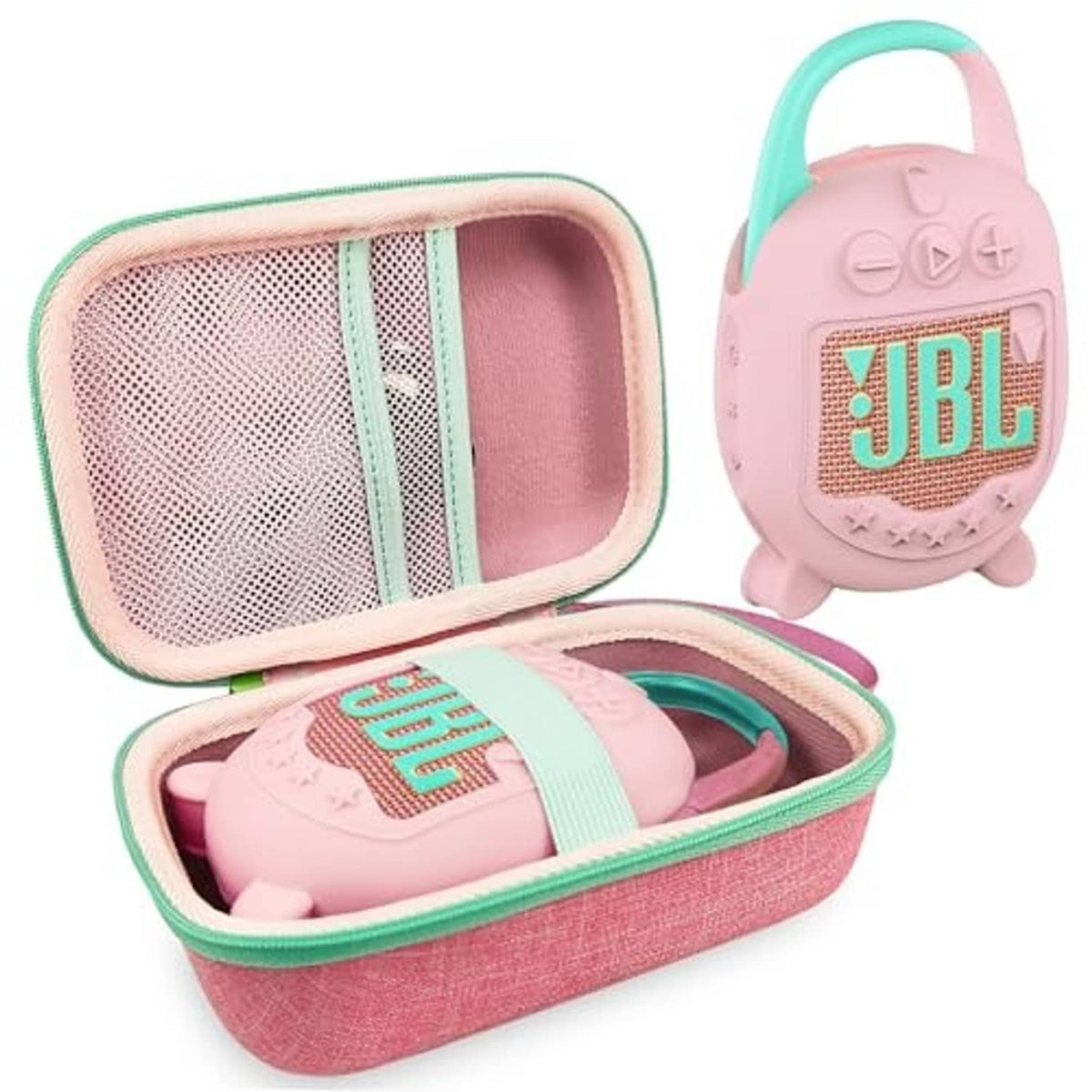 Pink JBL Clip 5 silicone cover with mint-trim hard case and zipper, open