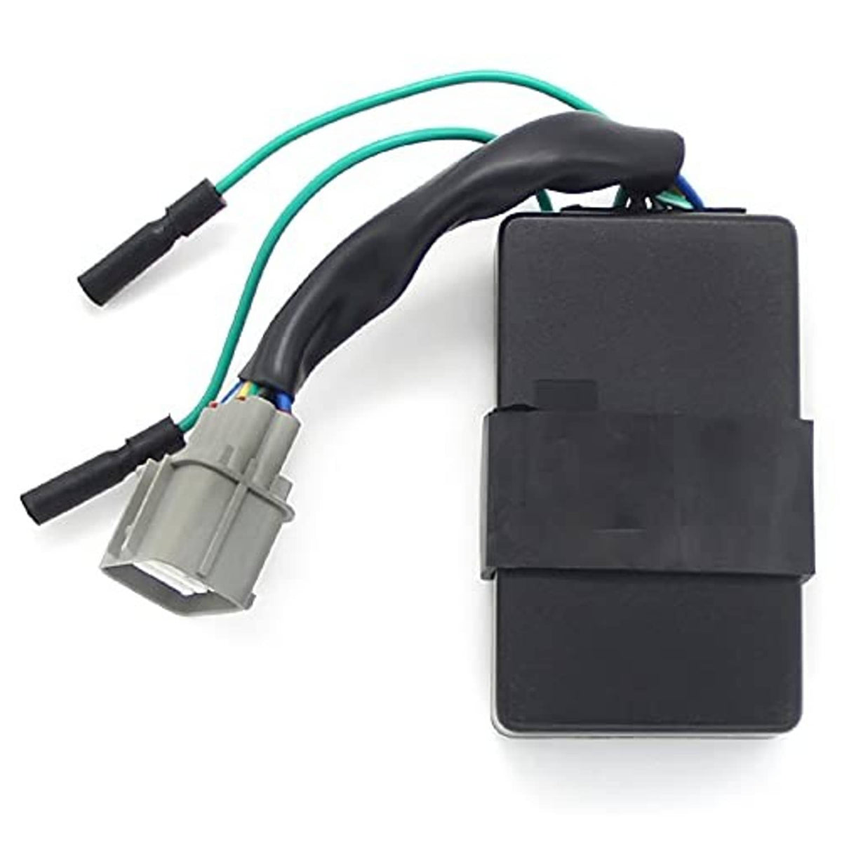 CDI ignition control module showing black case with green-and-black wire leads.