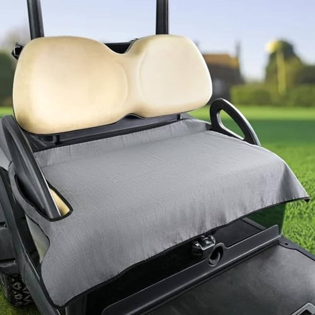 Gray golf cart seat cover blanket on golf cart seat, full cushion drape