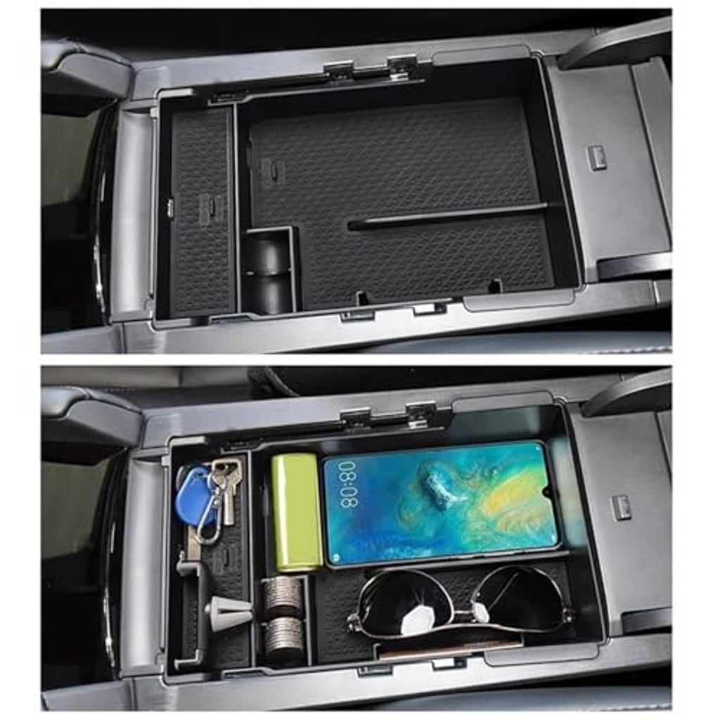 Armrest cover with textured insert panels, small storage slots, and phone compartment