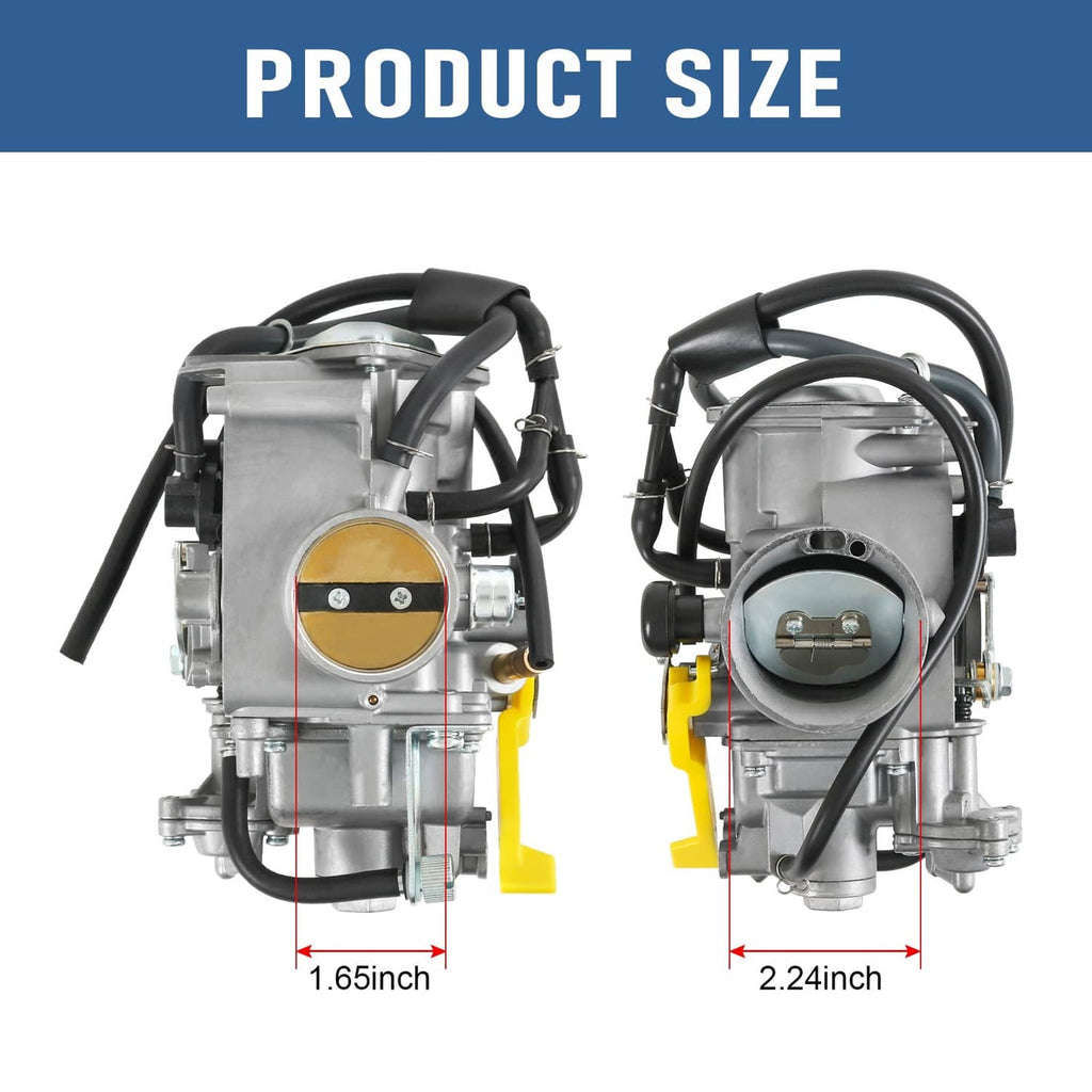 ATV carburetor assembly shown from front and side with black hoses and mounting tabs