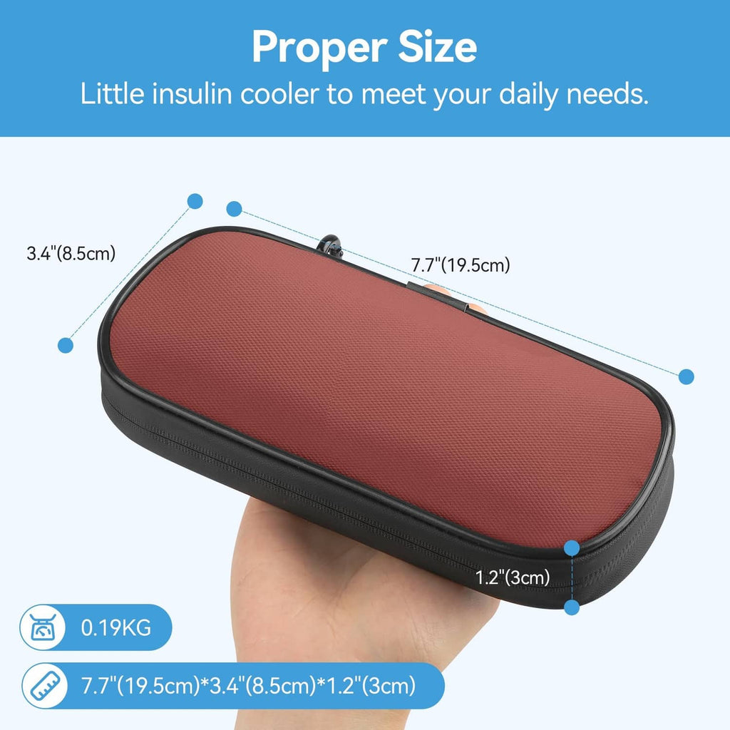 Compact red and gray insulin cooler case with black zipper trim, size shown on hand