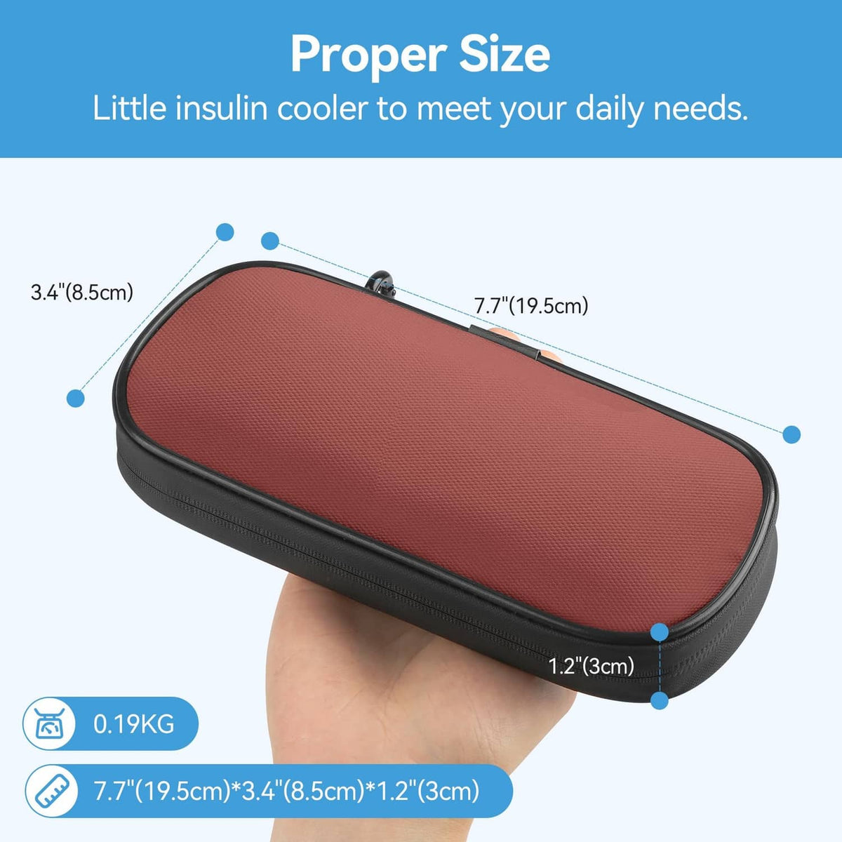 Compact red and gray insulin cooler case with black zipper trim, size shown on hand