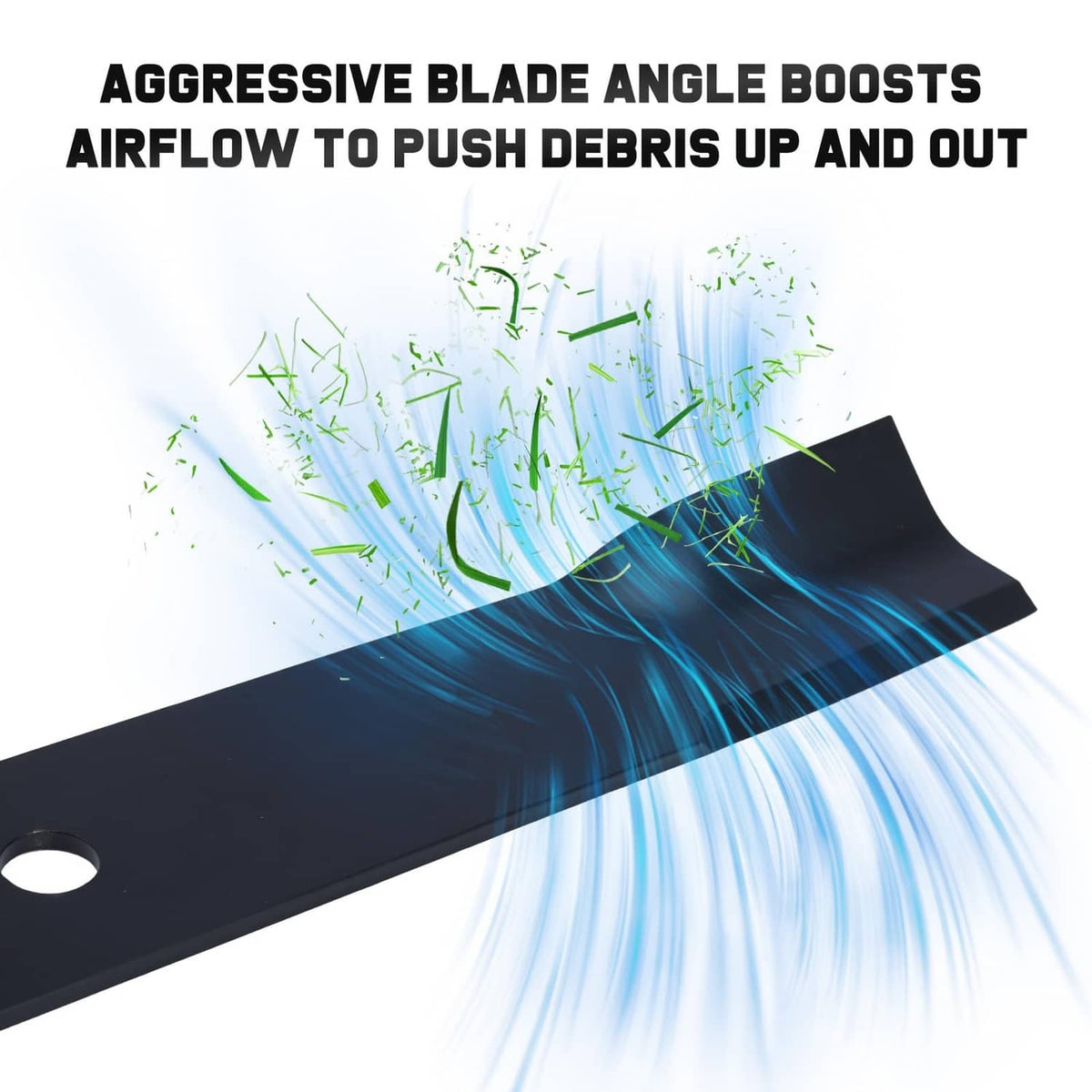 Black mower blade with aggressive angled edge to push debris and improve airflow