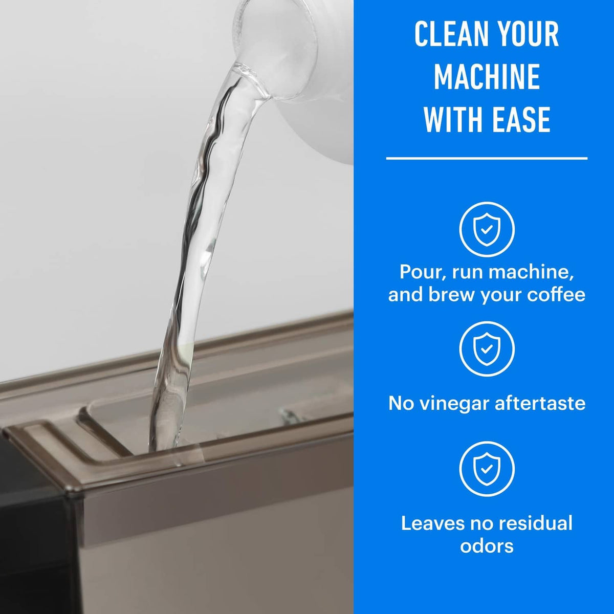 Clear liquid pouring into coffee machine tank for descaling solution use