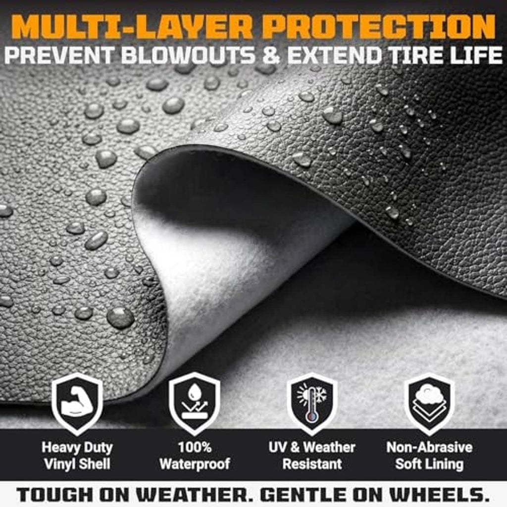 Black tire cover fabric close-up with water droplets and waterproof vinyl shell icons