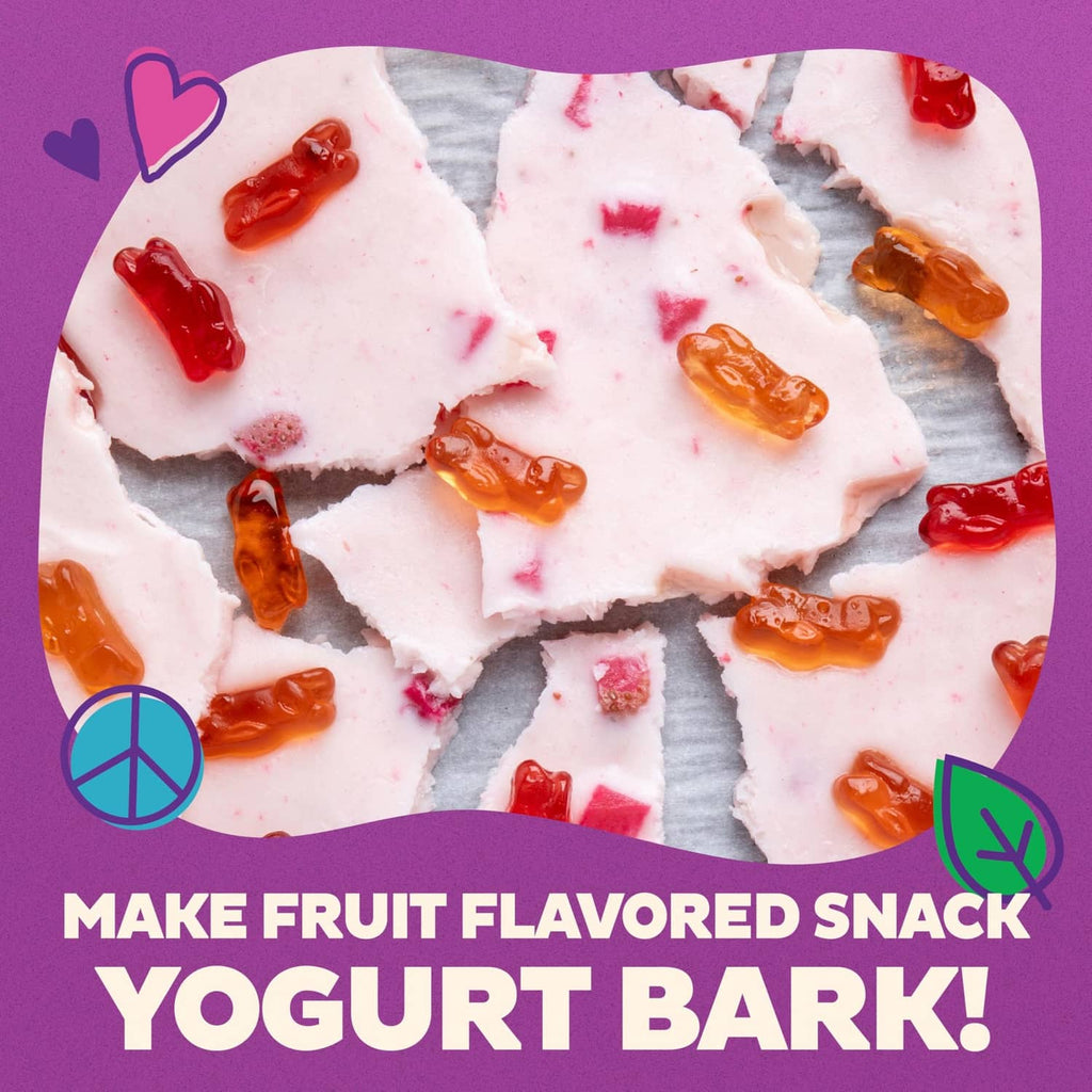 Fruit-flavored yogurt bark with red and orange fruit snack pieces