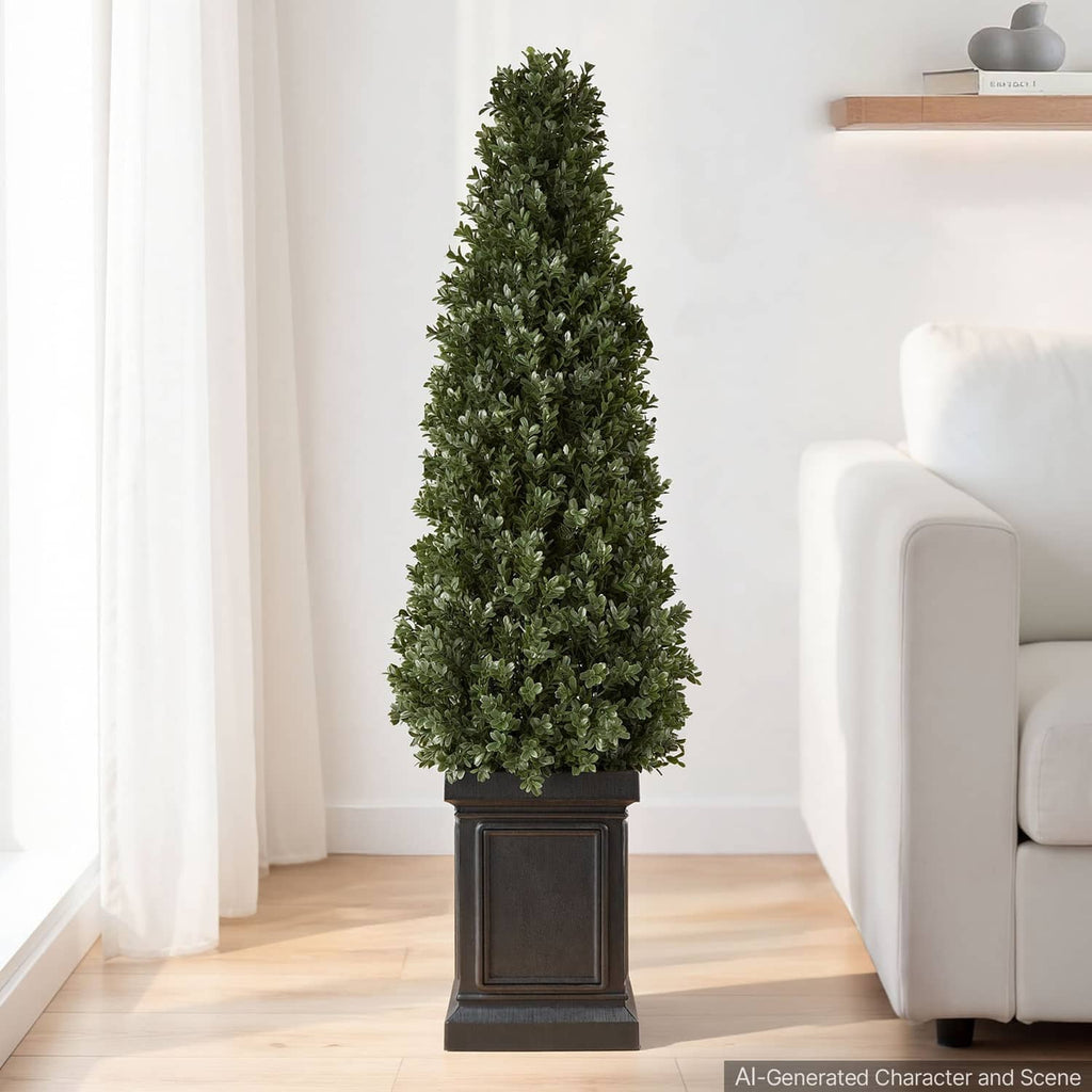 Artificial boxwood topiary, dark green cone tree in black pot beside white armchair