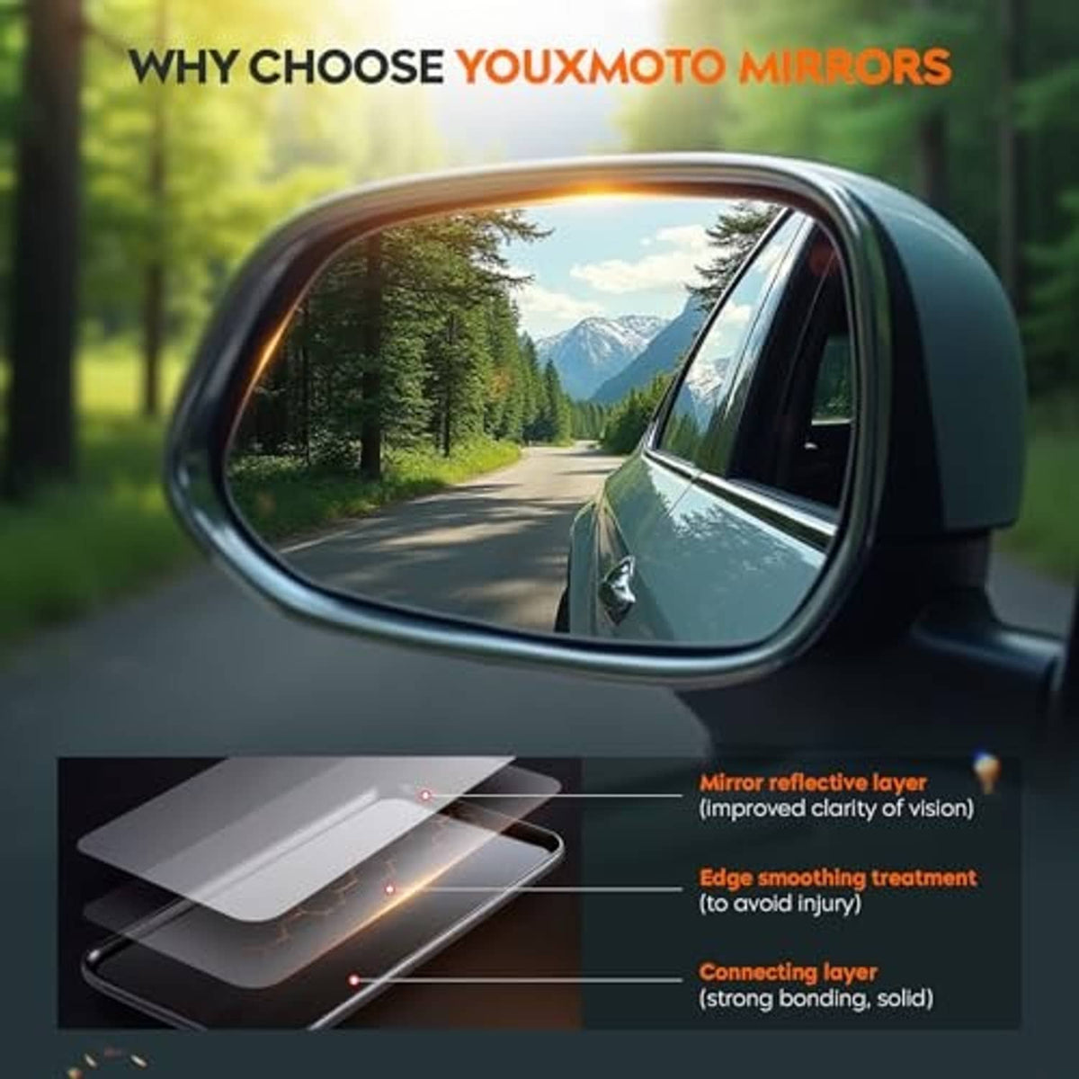 Side mirror glass lens showing light reflection on a vehicle