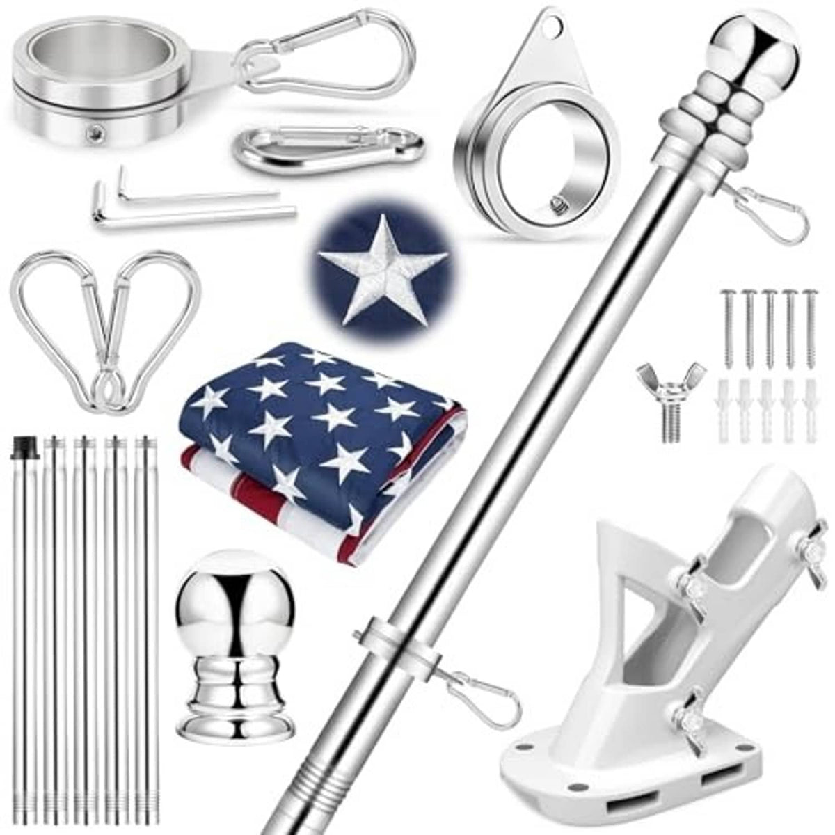 Metal flagpole kit components: ball finial, rings, clips, grommets, base collar, pole