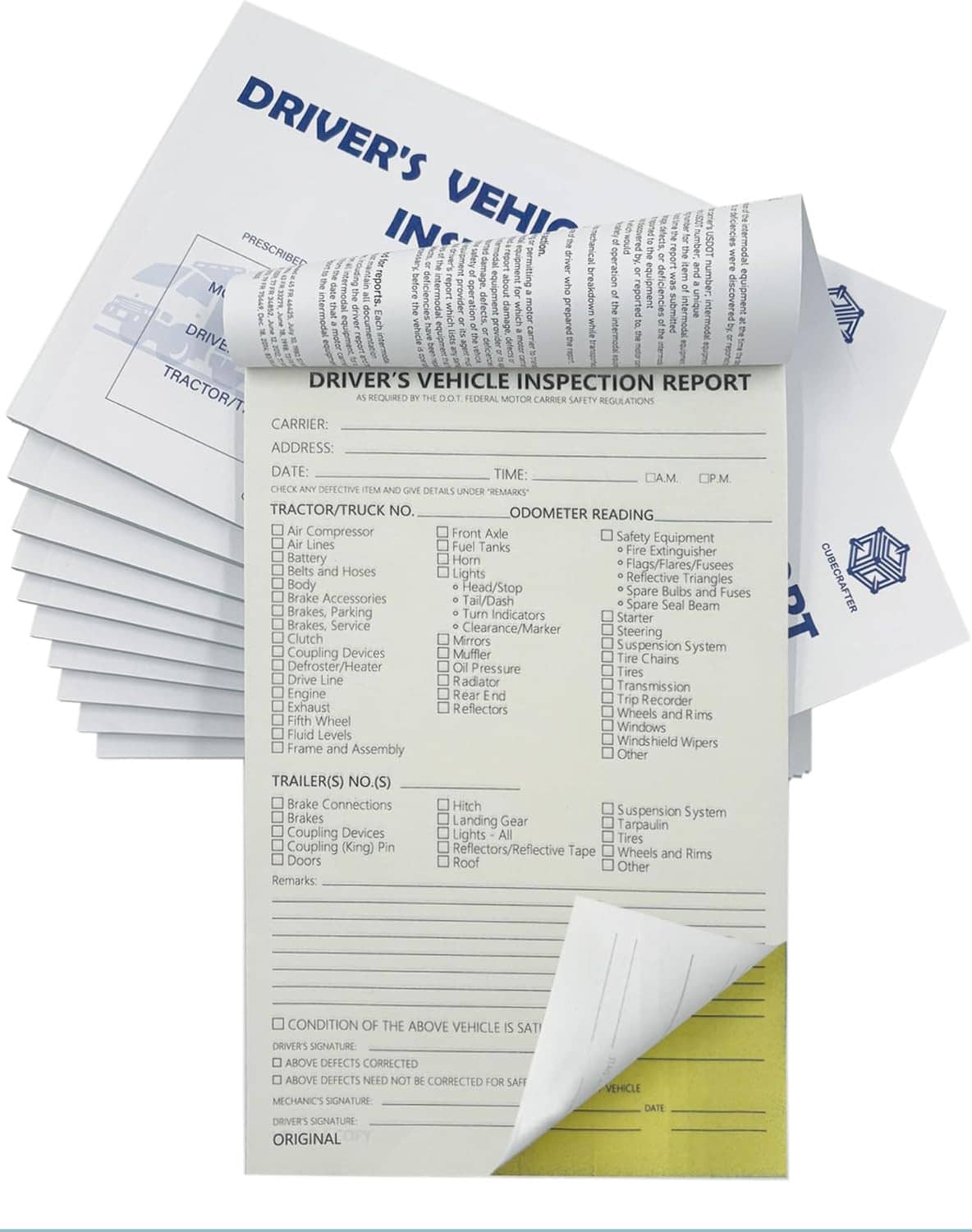 Driver’s Vehicle Inspection Report form pack with stacked pages and yellow copy sheet