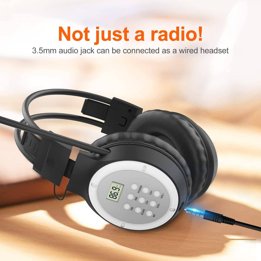 Black AM/FM radio headphones with 3.5mm audio jack cable and circular control panel