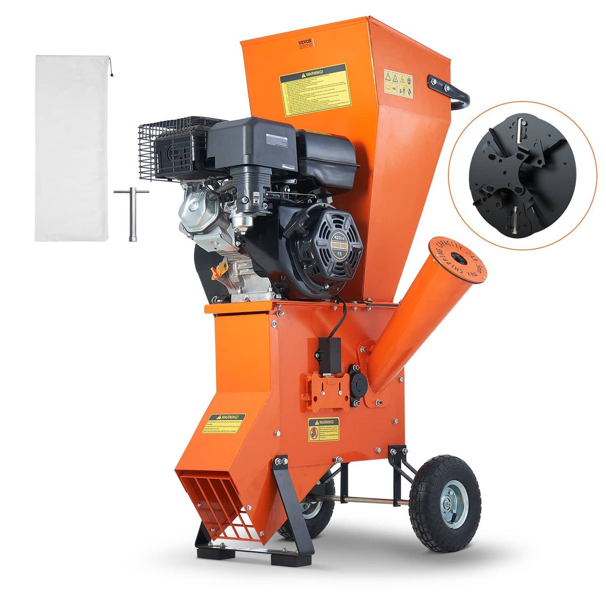 Orange wood chipper shredder mulcher with gas engine and side chute