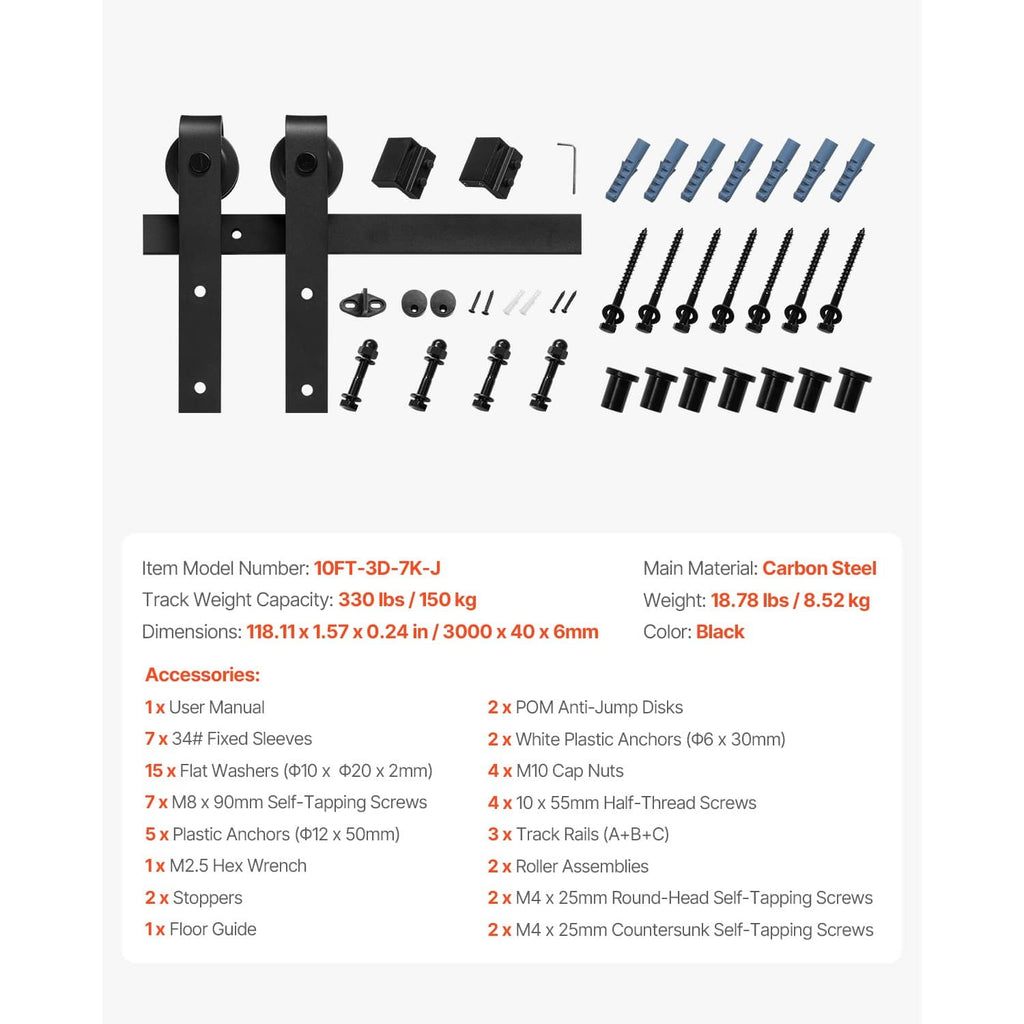 Black sliding barn door hardware kit parts including brackets, rollers, and screws