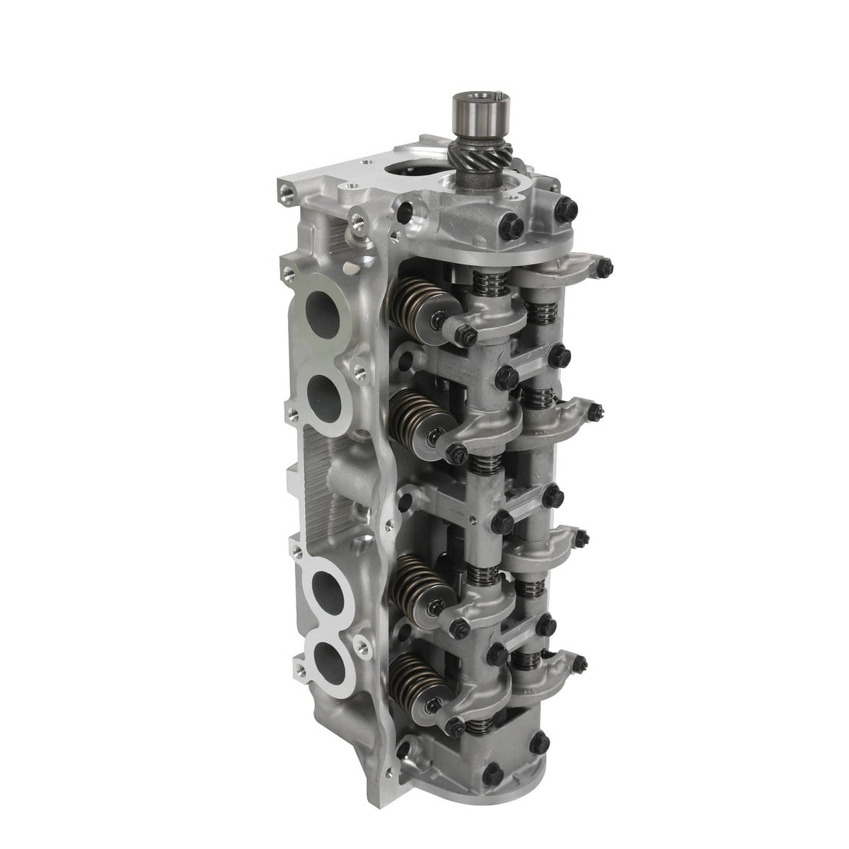 Complete mechanical cylinder head assembly with rocker arms and springs, metallic silver