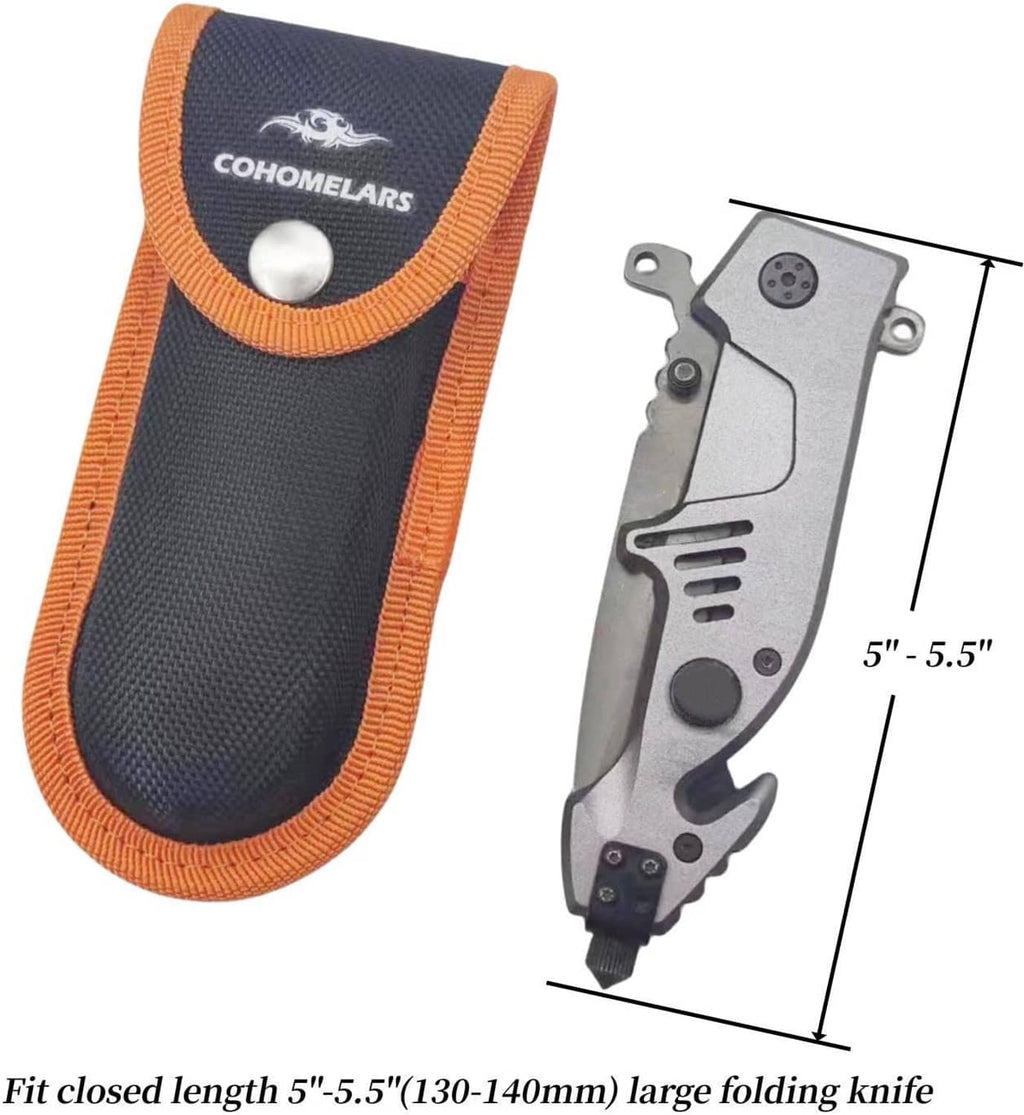 Nylon knife sheath with orange-trim flap and snap, with multitool partially shown
