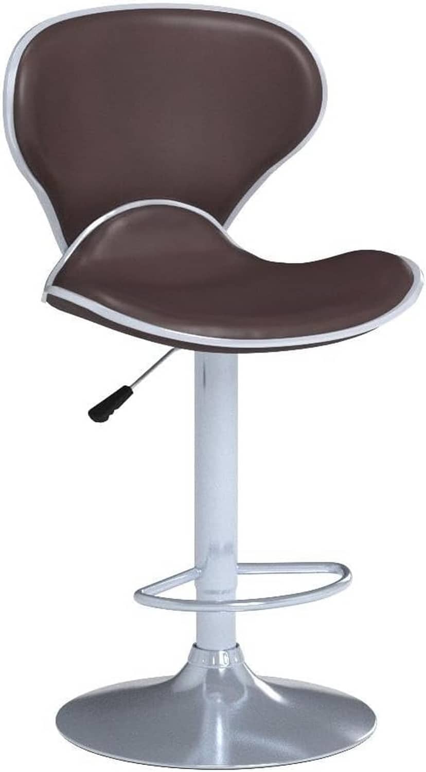 Brown bar stool with backrest, chrome trim, adjustable pedestal, and round metal footrest