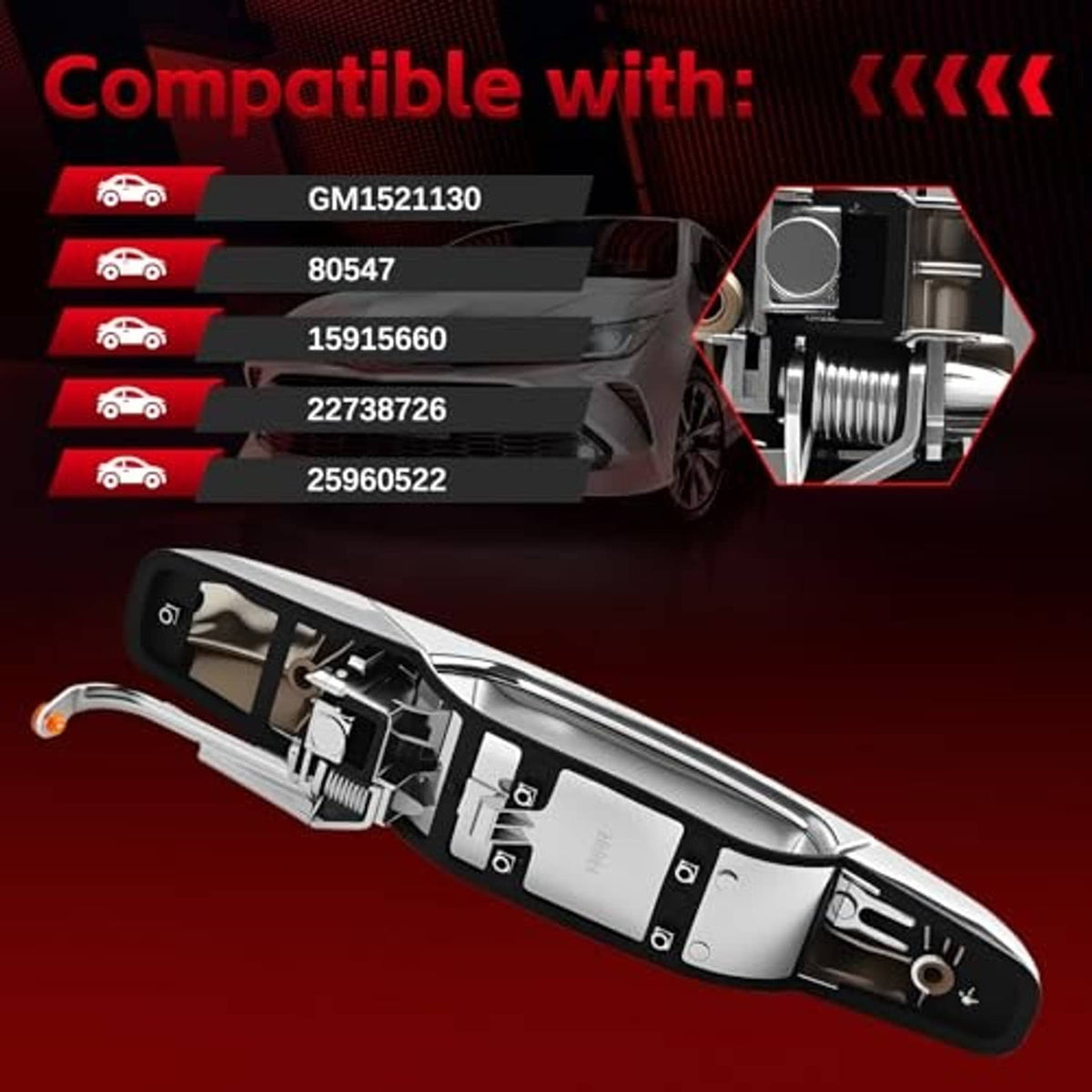 Chrome exterior door handle with lock cylinder and screw-mount hardware underside