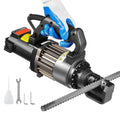 Electric hydraulic rebar cutter with front clamp and cutting head, shown with rebar