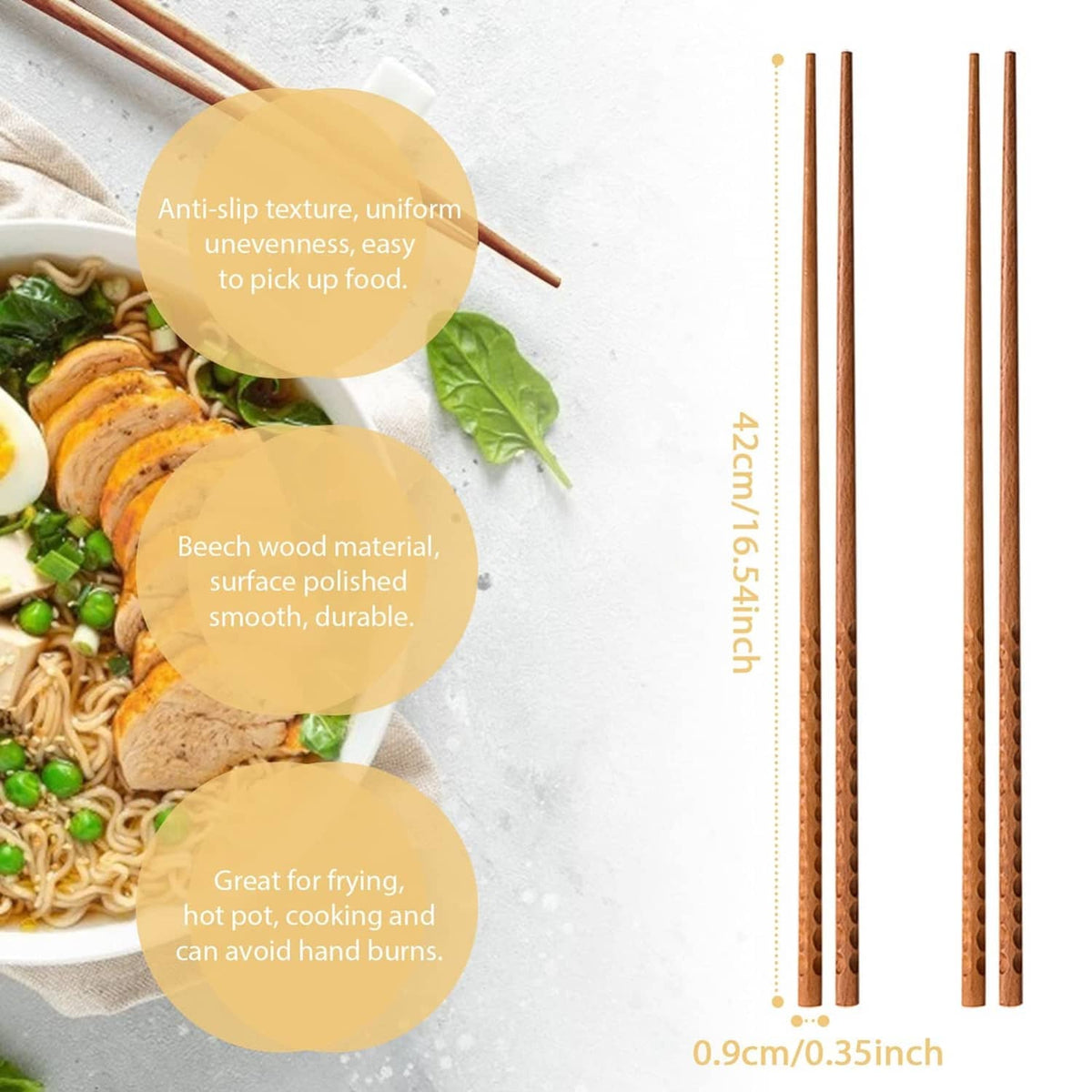 Beech wood chopsticks with ridged anti-slip texture and smooth, tapered tips