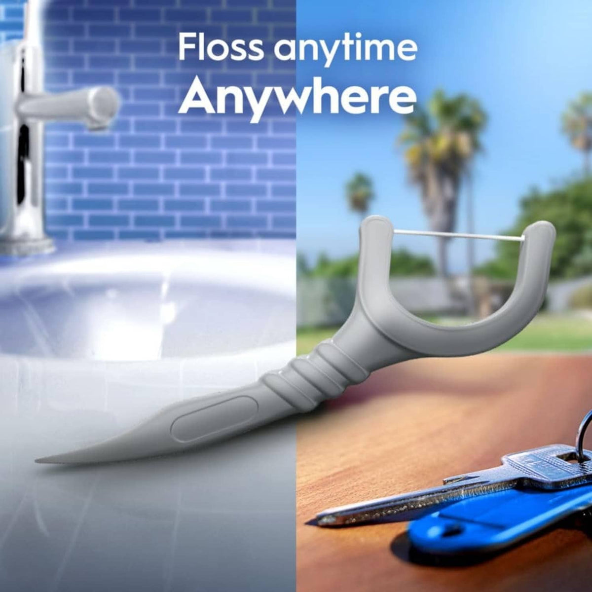 Grey floss pick with slender prongs for flossing between teeth anytime