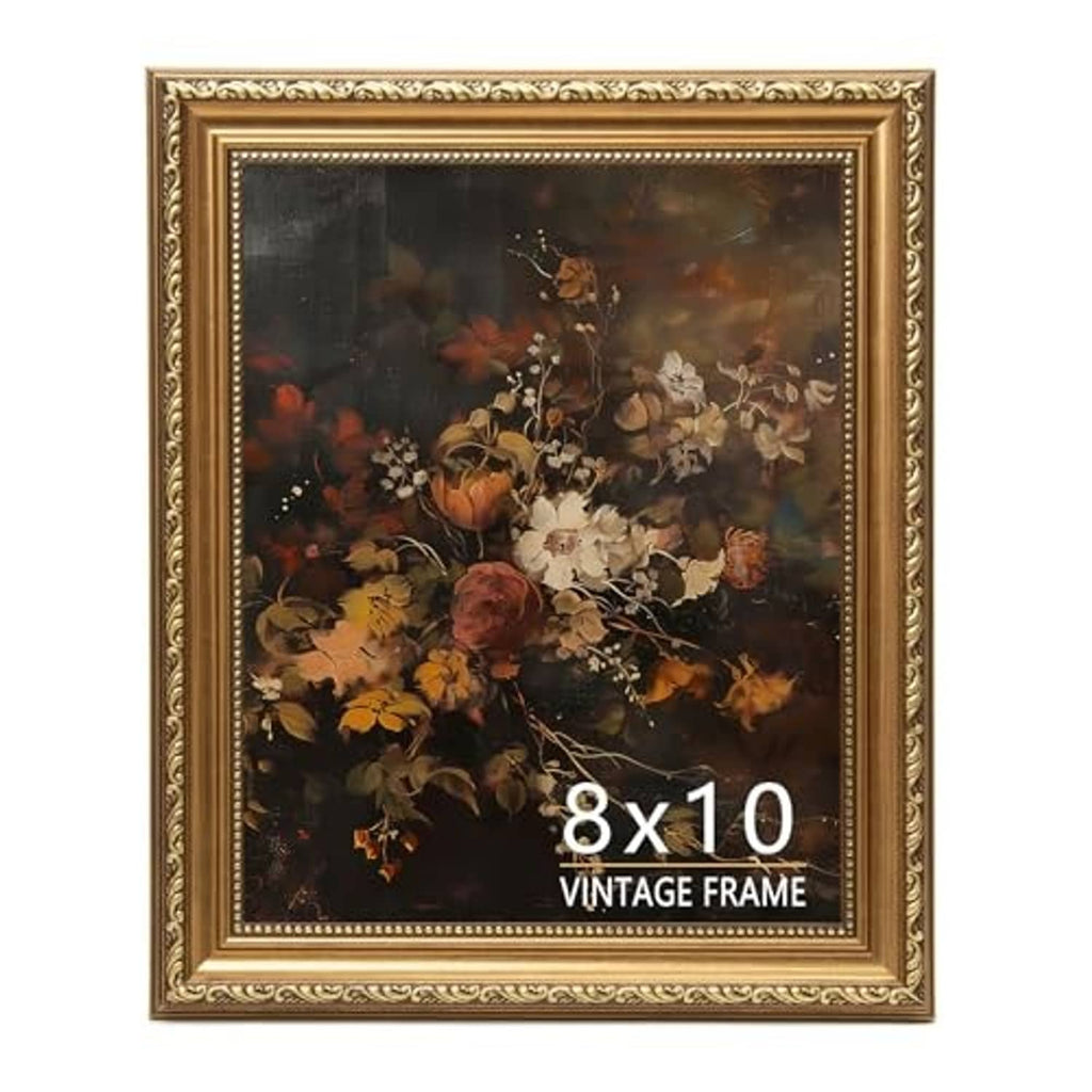 Gold bronze vintage 8x10 picture frame with detailed embossed trim and glass front