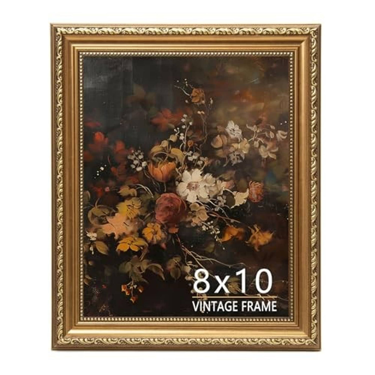 Gold bronze vintage 8x10 picture frame with detailed embossed trim and glass front