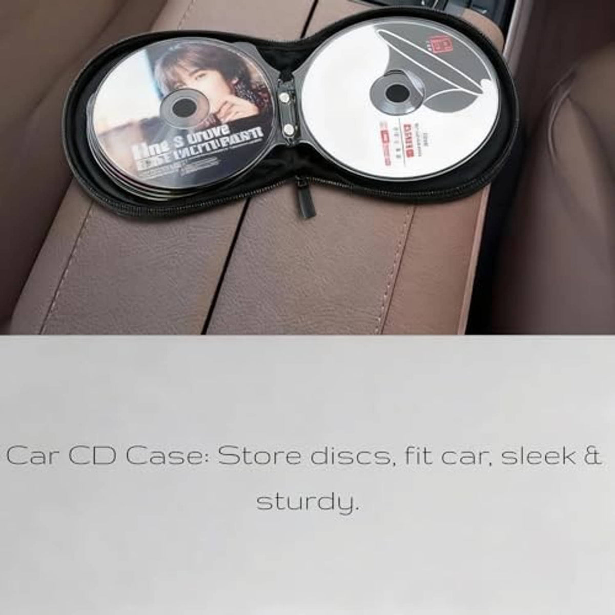Black zippered CD/DVD wallet holding CDs in interior slots