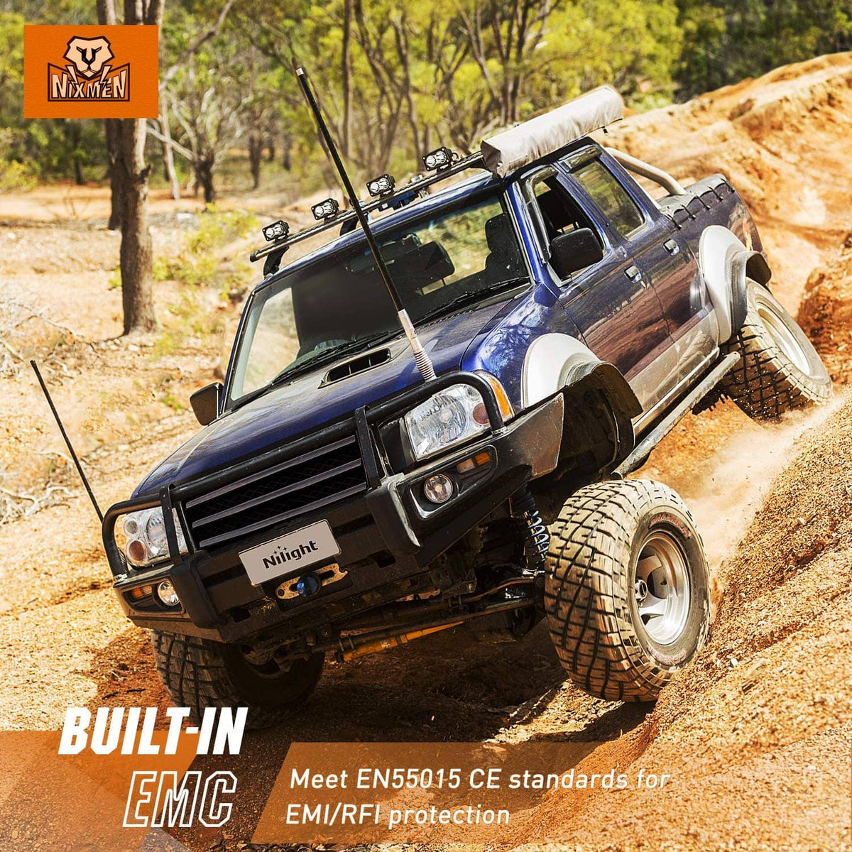 Off-road vehicle with two dual 3-inch LED pod lights mounted on the front