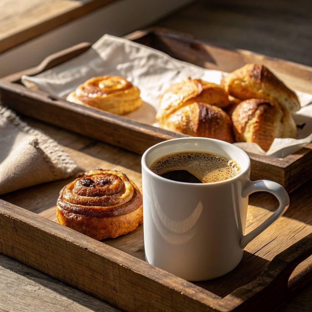 Coffee cup with foam and pastries on a wooden serving tray