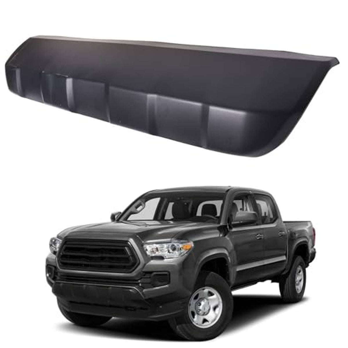 Black front bumper lower skid plate panel, angled profile with raised rib details