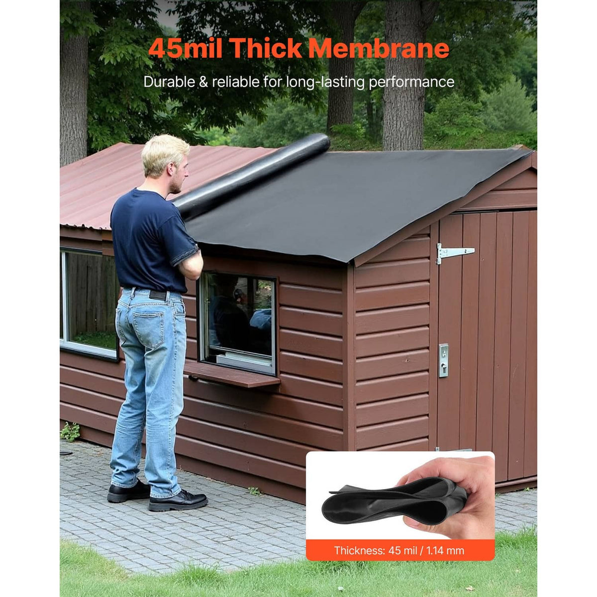 Black EPDM rubber membrane laid on shed roof, outdoor installation view