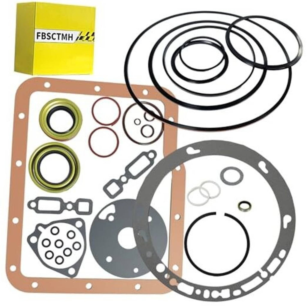 Transmission oil pan gasket kit with brown paper gasket, seals, and black O-ring set