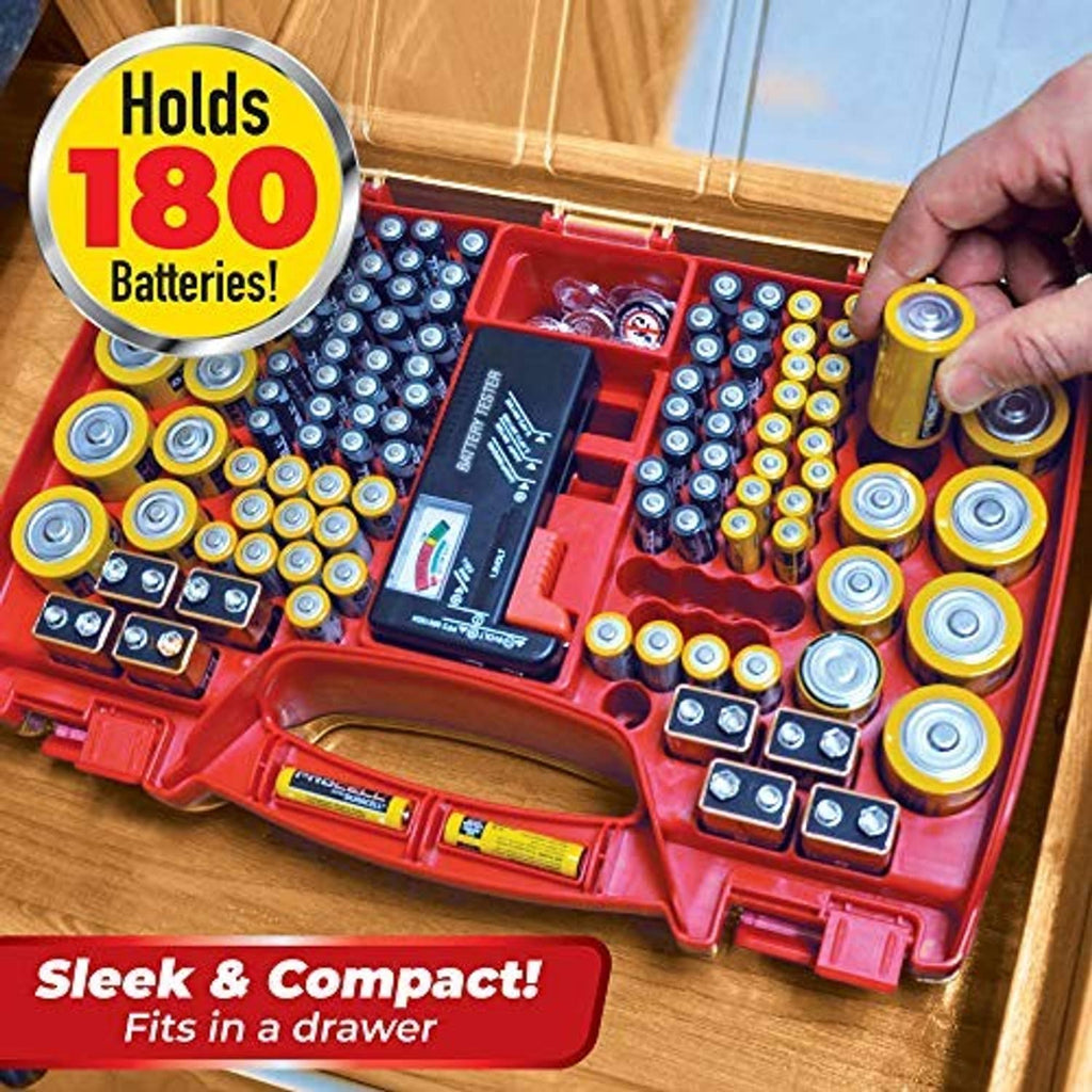 Red battery organizer in a drawer with 180-slot layout and hand holding a battery