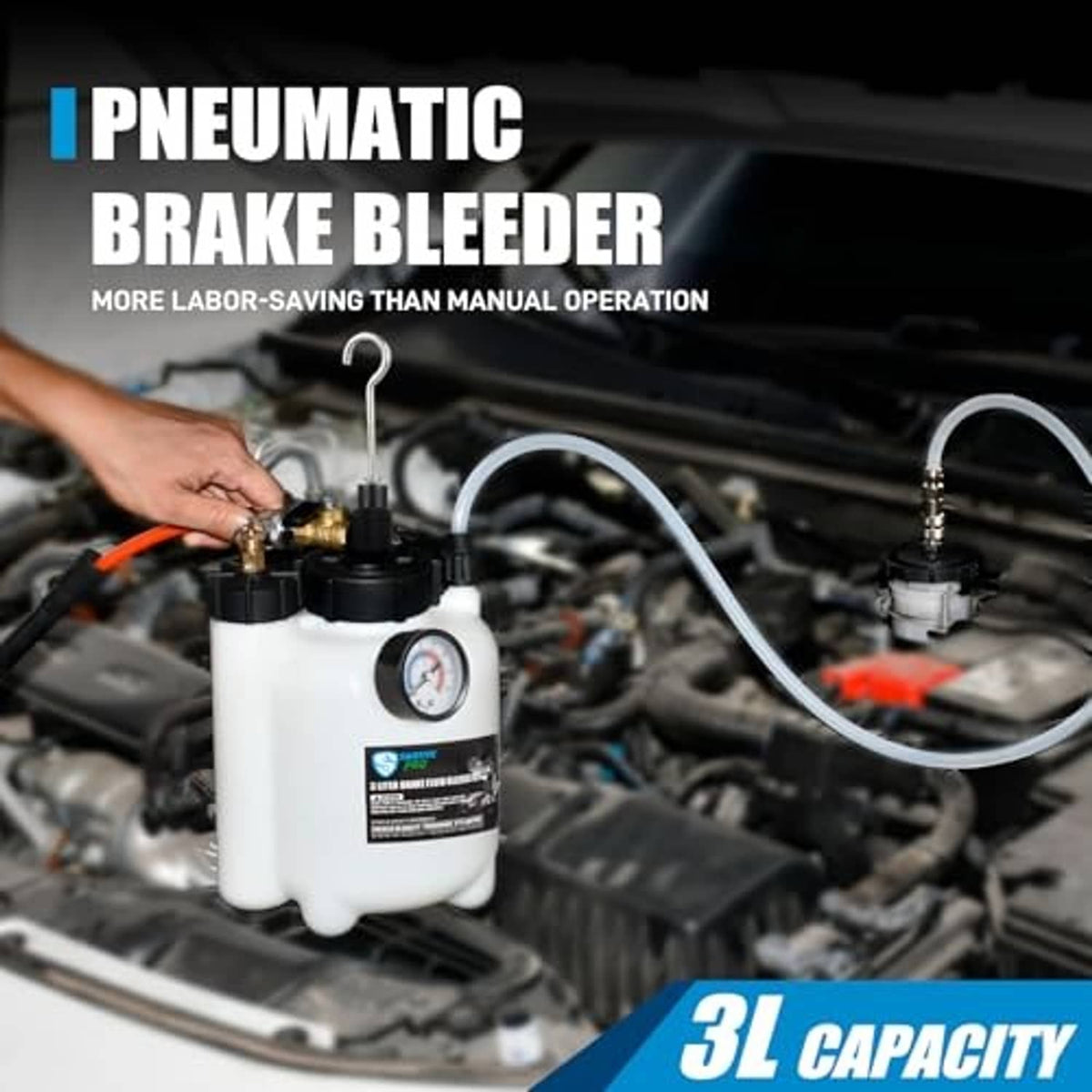 Pneumatic brake bleeder with 3L tank, pressure gauge, and connected hoses for one-man use