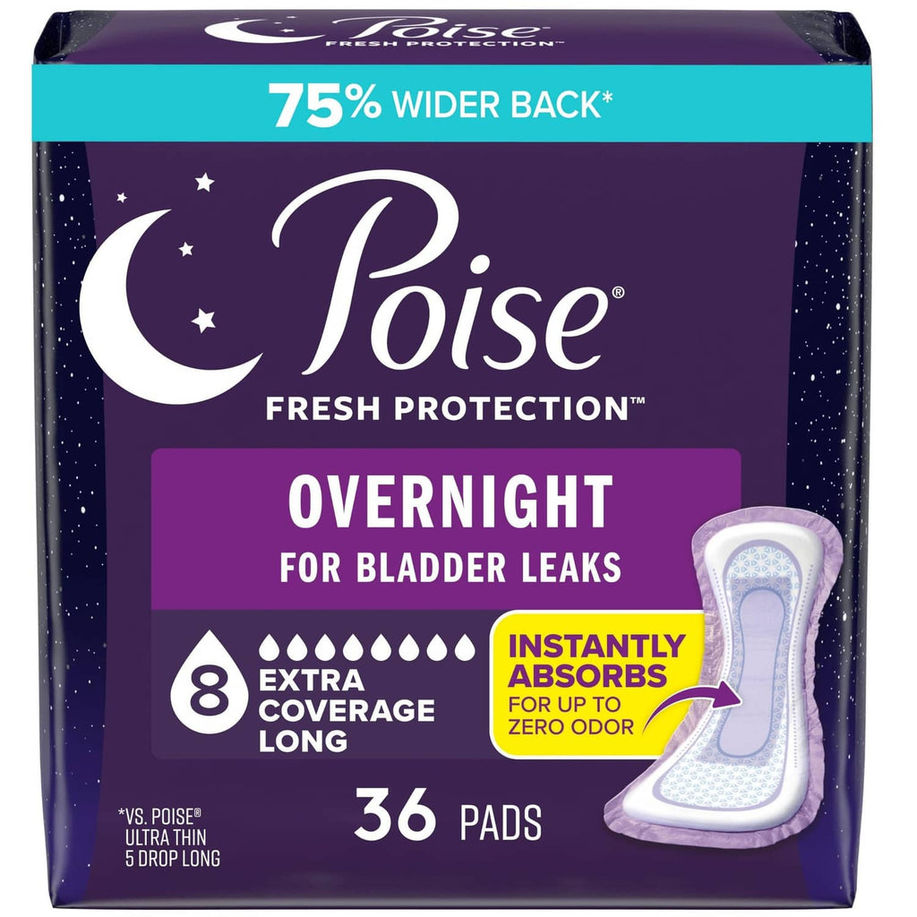 Poise overnight incontinence pad pack, 36 count, white pads