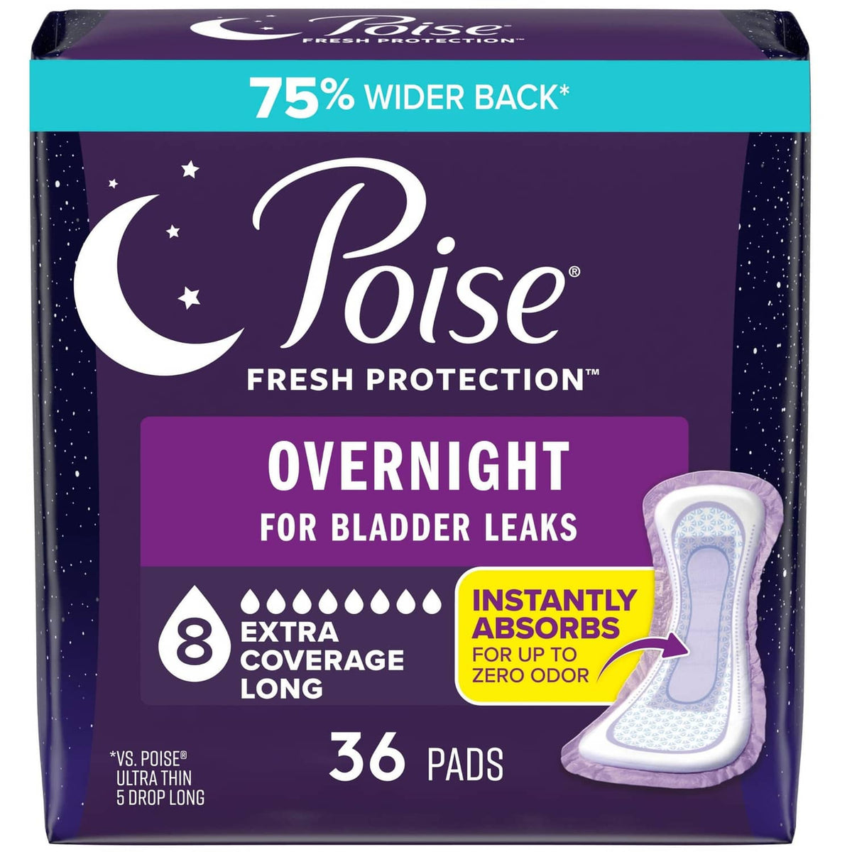 Poise overnight incontinence pad pack, 36 count, white pads
