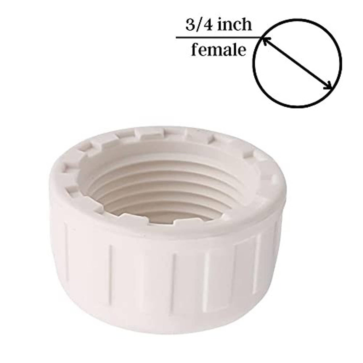 White PVC end cap, open end with 3/4 in female threads and scalloped rim