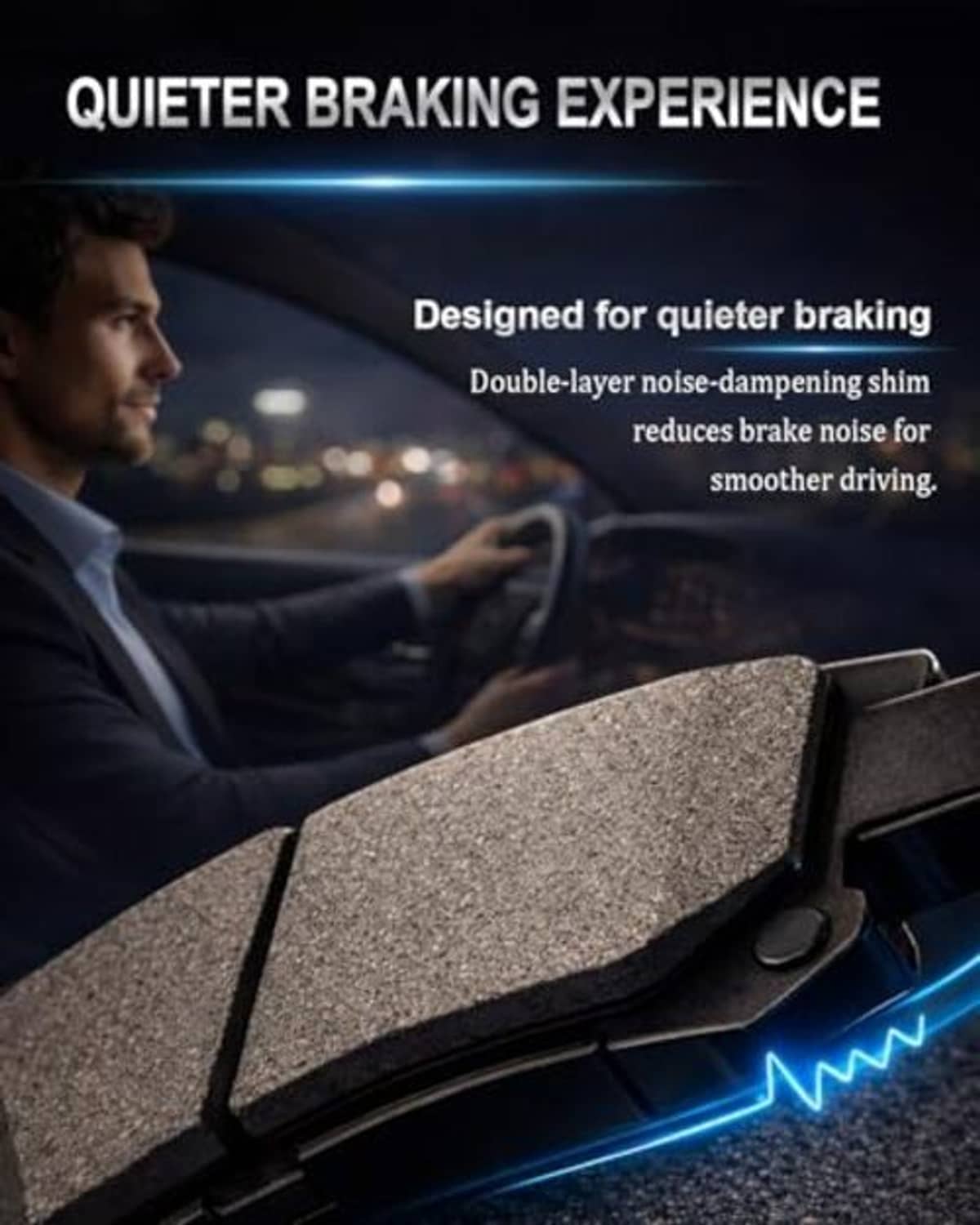 Ceramic brake pads for quieter braking, with close-up of pad surface