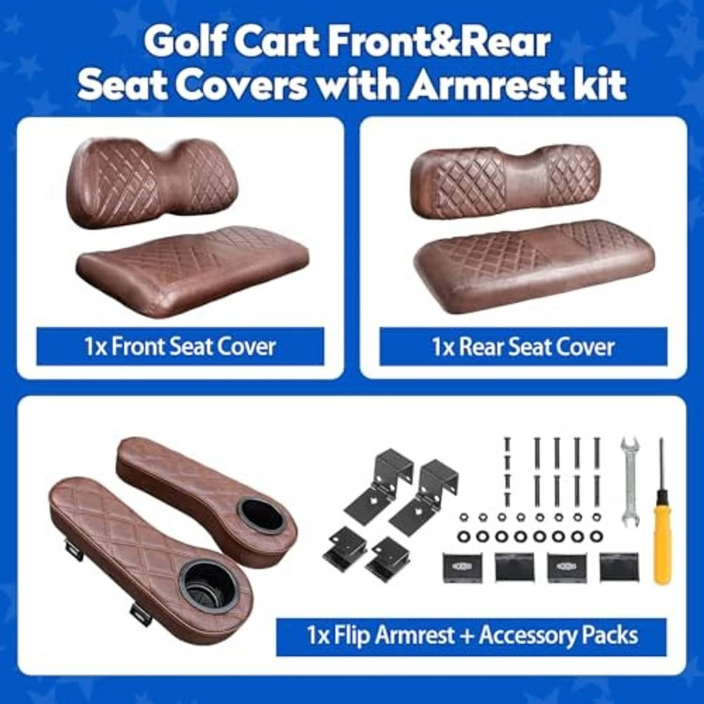 Brown quilted golf cart front and rear seat covers plus armrest accessory kit