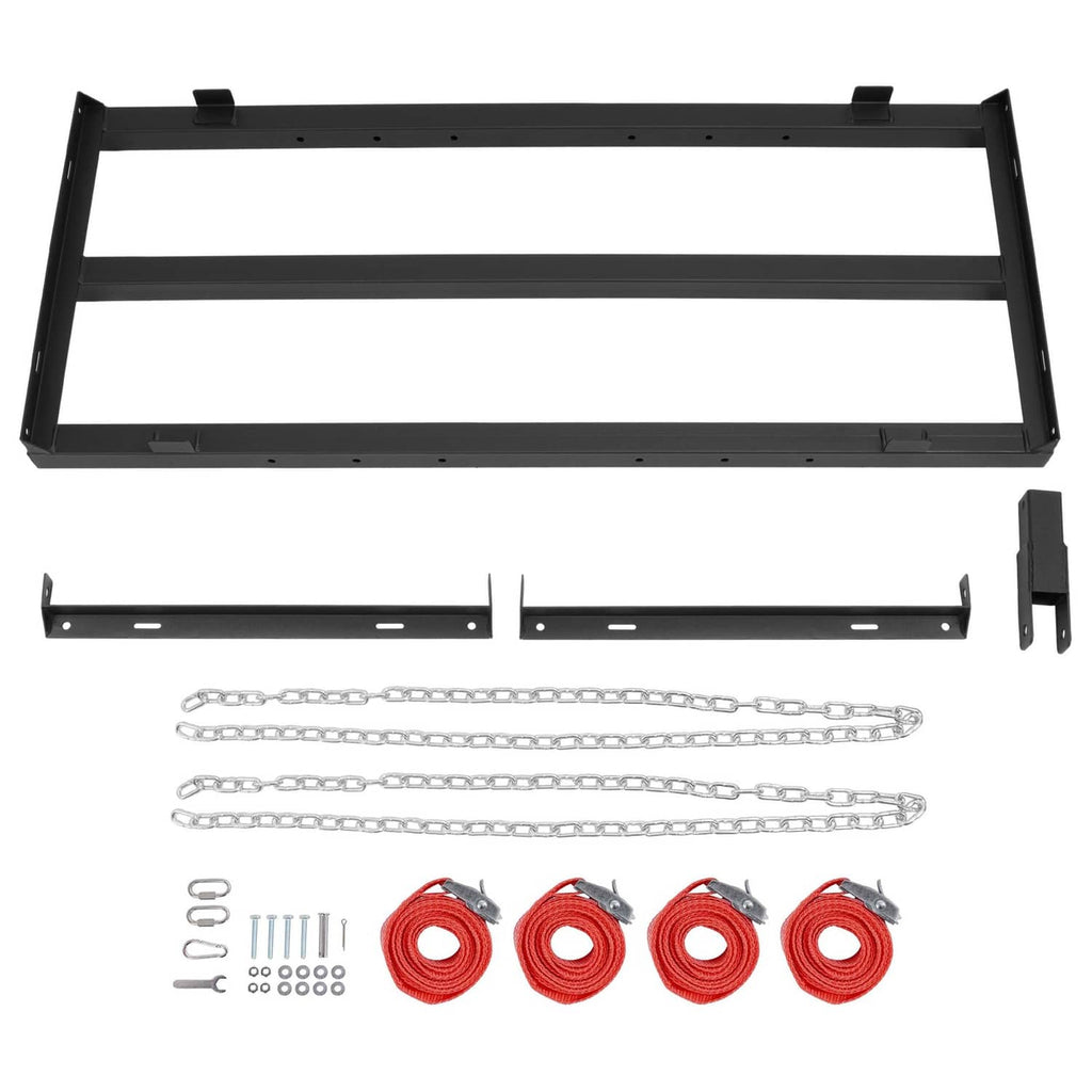 Tow-behind drag harrow grader with black frame sections, chains, pins, and red straps