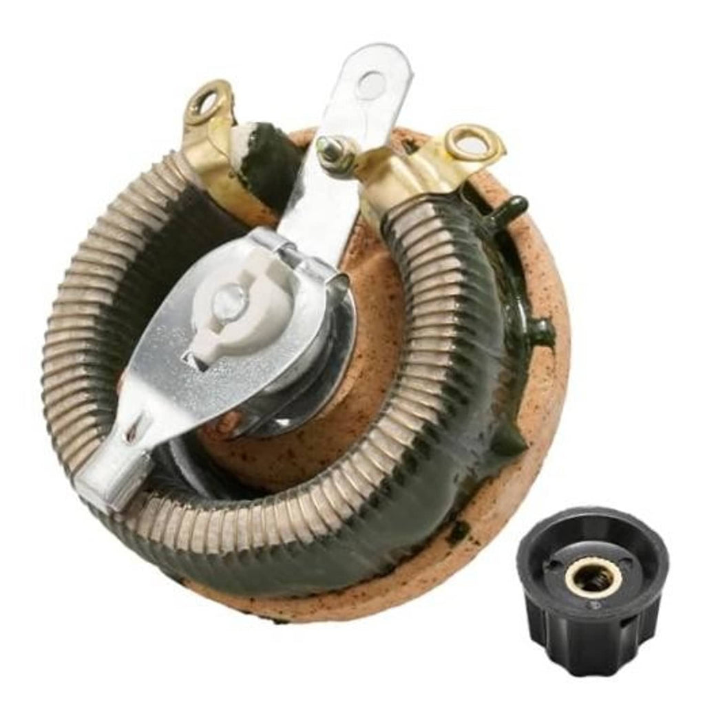 Close-up of wirewound rheostat: ceramic base, coiled resistor, and metal terminals