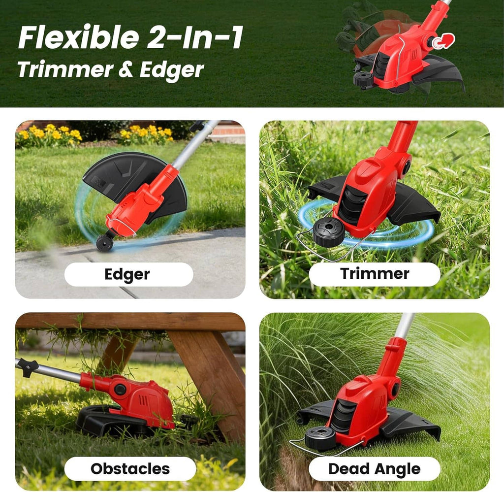 2-in-1 trimmer and edger head with adjustable cutting modes, red tool with guard