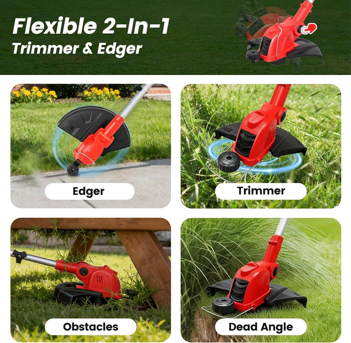 2-in-1 trimmer and edger head with adjustable cutting modes, red tool with guard
