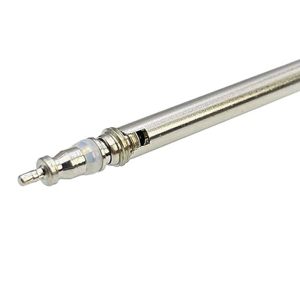 Close-up of valve core removal tool tip with threaded connector and metal shaft