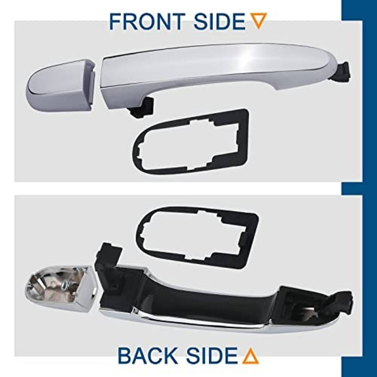 Front and back side chrome exterior door handle with black gasket pads and clips