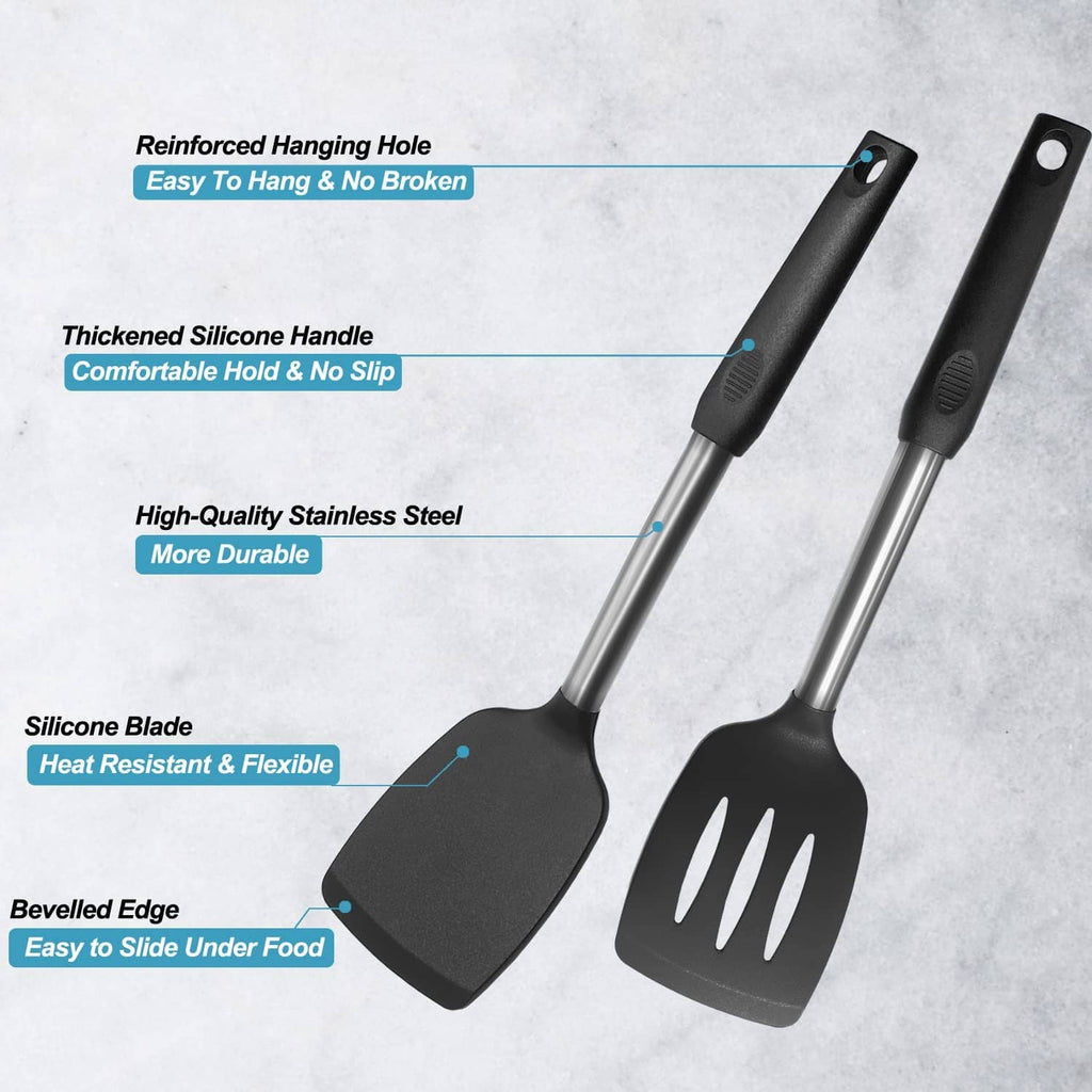 Black silicone spatula set with beveled edges, hanging loop, and reinforced steel handles
