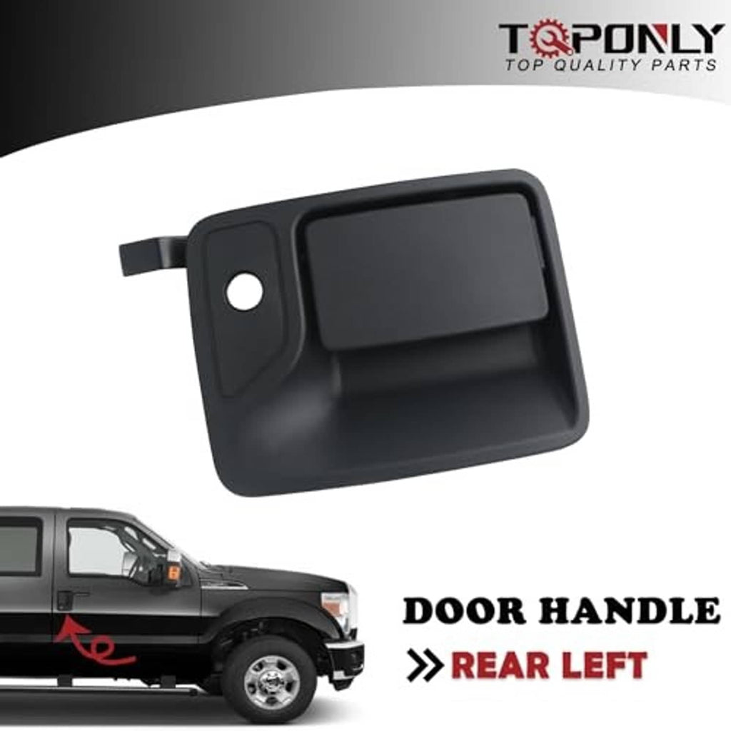 Close-up textured black exterior door handle with key cylinder cutout and pull.